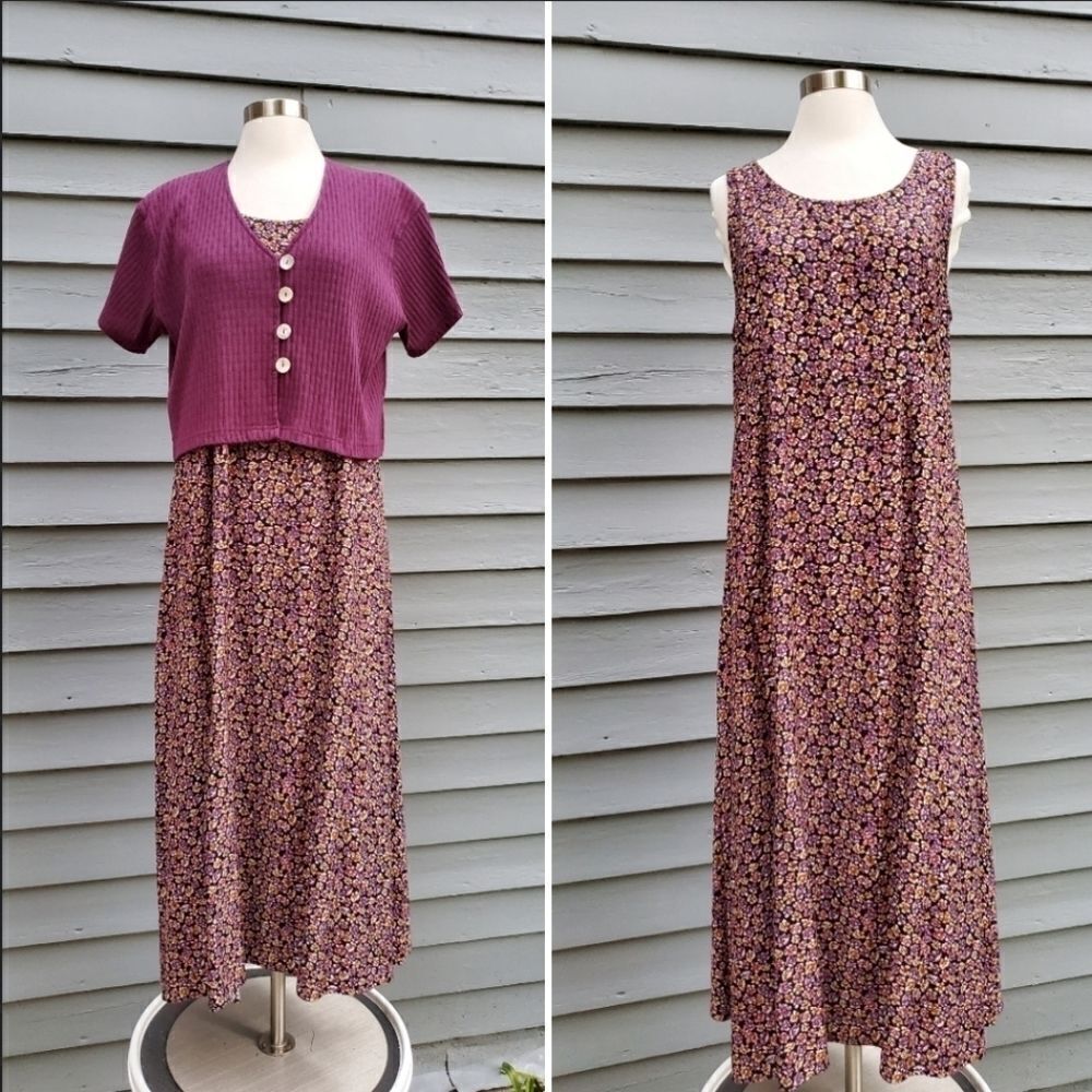 Vintage 90s y2k‎ Floral Sleeveless Sundress Purple Cardigan Set Maxi Dress 14